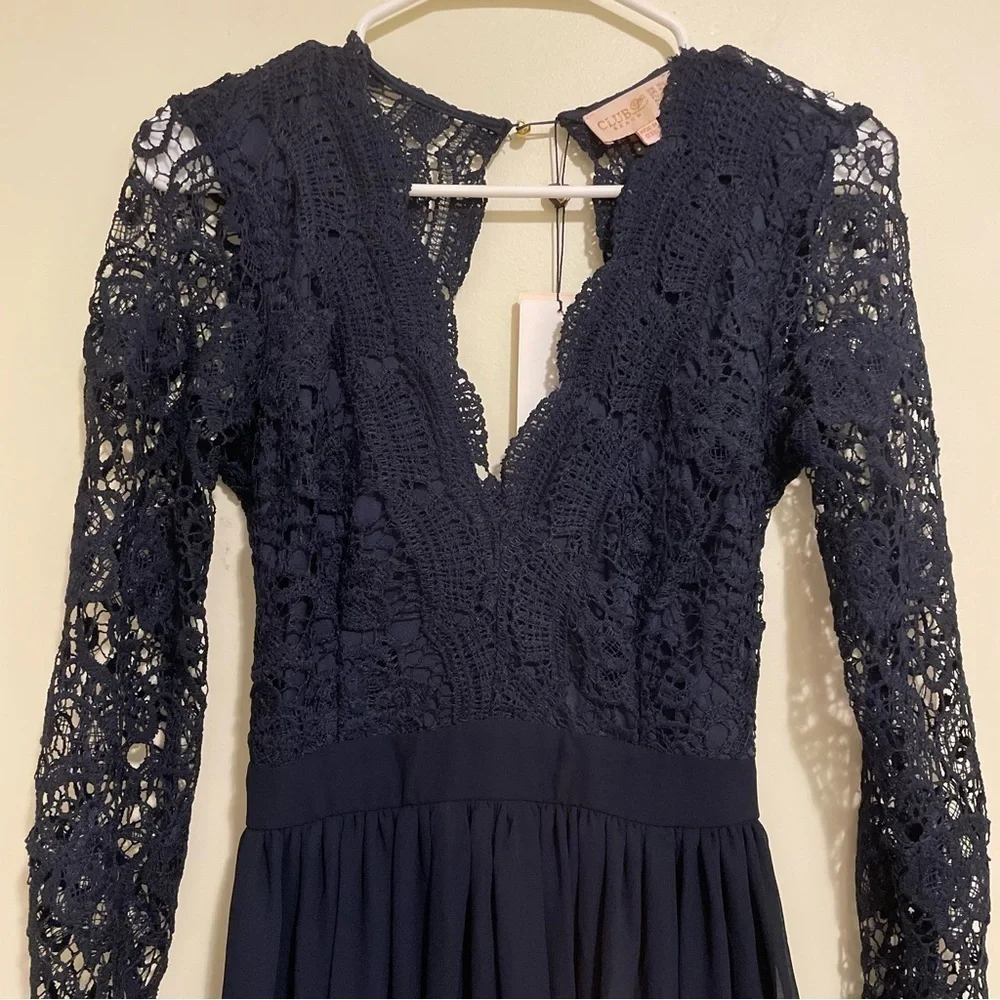 Club L London Beach Indigo Gown Sz 6 Lace Torso Long Sleeve